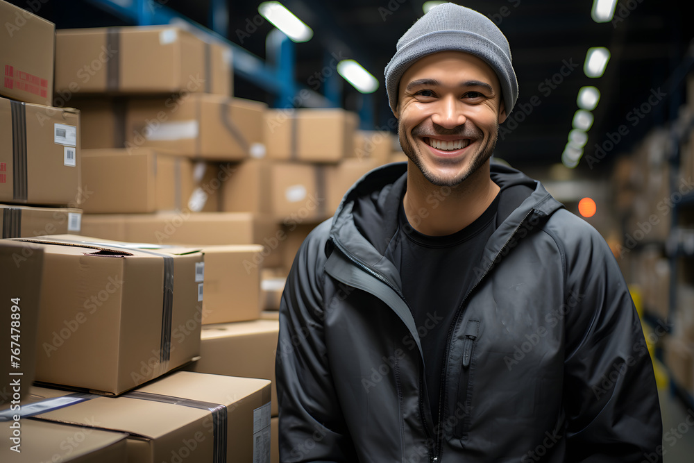 male worker in a transport workshop packing goods into cardboard boxes. packaging industry male worker in a transport workshop packing goods into cardboard boxes. packaging industry
