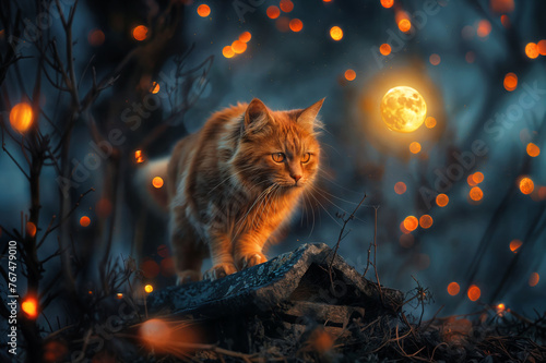 a cat walks outside in a magical landscape during the moonshineGenerated image