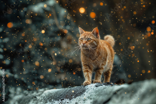 a cat walks outside in a magical landscape during the moonshine