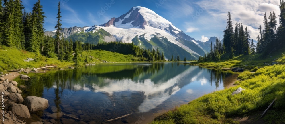 A majestic mountain is mirrored in the tranquil waters of a lake, encircled by lush trees, creating a stunning natural landscape