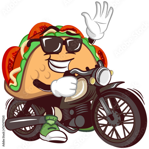 cute taco mascot character emoticon riding a big motorbike while waving, cute taco mascot