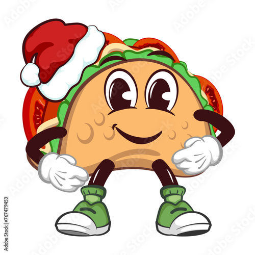 cute taco mascot character emoticon wearing santa claus hat, cute taco mascot