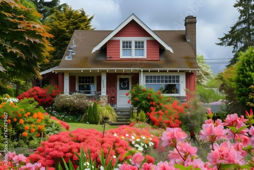 A picturesque craftsman house with a gentle coral exterior, surrounded by a profusion of blooming flowers.