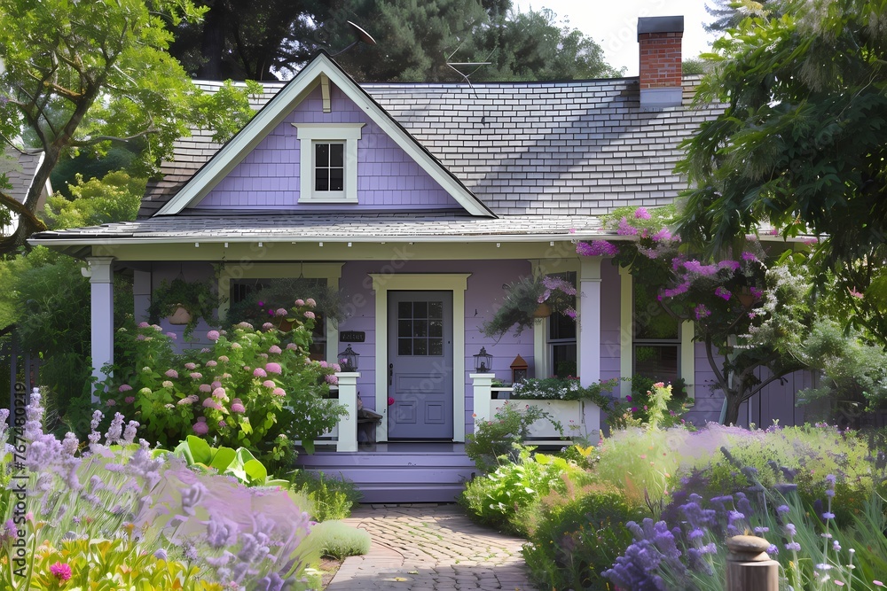 A quaint craftsman cottage exterior featuring pale lavender hues, surrounded by a serene garden oasis.