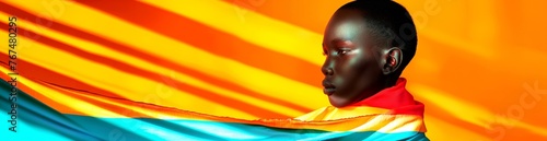 Young black woman draped in vibrant rainbow flag orange background and dramatic lighting creating powerful statment about diversity and pride. Copy space. photo