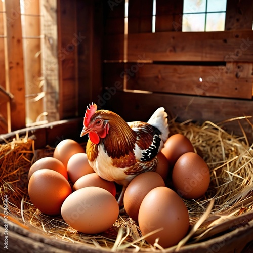 Farmyard free range hen laying huge jumbo fresh organic eggs in outdoor farm environment