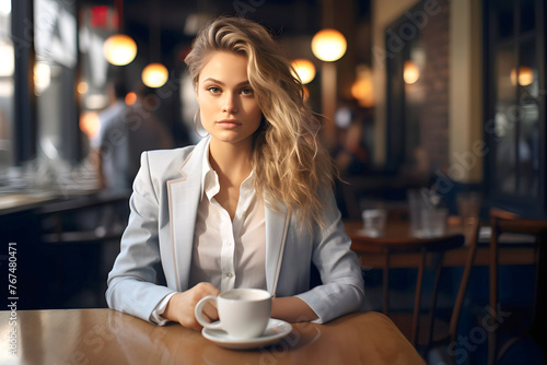 beautiful young woman in a cafe with a cup of coffee. healthy and healthy drinks