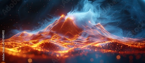 Abstract digital volcano with smoke and lava