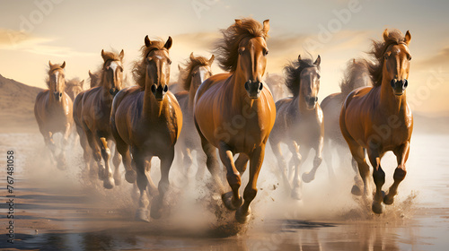 Thoroughbred muscular horses running on the water near the shore. mammal. biology and fauna © photosaint