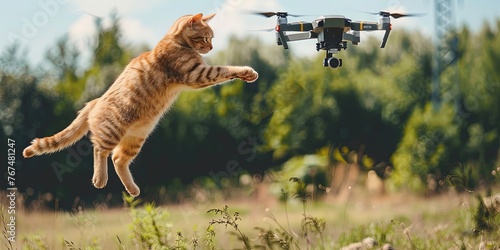 Cat jumping at drone quadcopter photo