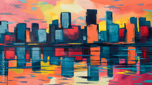 Minimalistische Skyline mit Wasserreflexion, kubistisch aus dickem Acryl, bunt, Konzept farbenfrohe Skyline photo