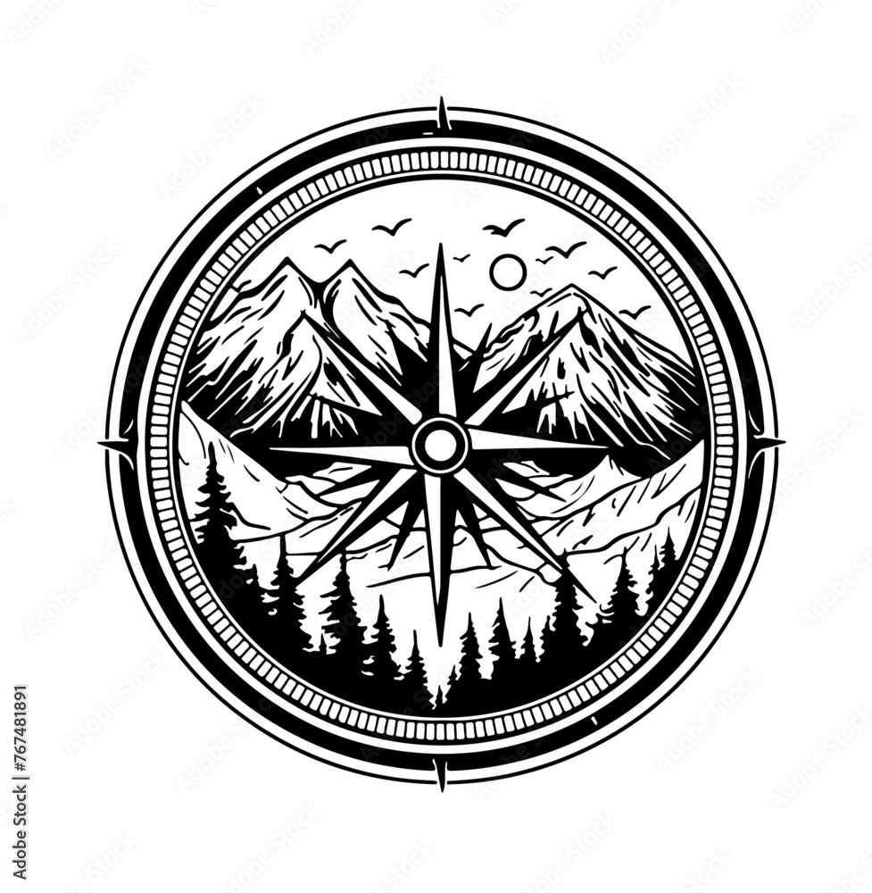 Kompass Travel Silhouette Berge Natur Wald Symbol Tattoo Vektor Landschaft Abenteuer Erkunden Wegweiser