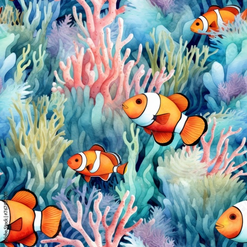 Clownfish among coral reefs  watercolor illustration seamless pattern