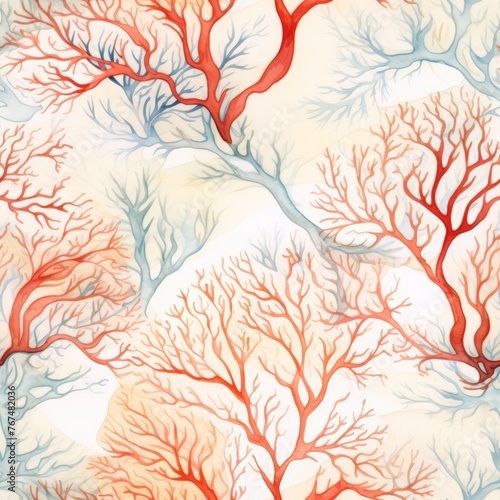 Sea fan swaying with the currents  watercolor illustration seamless pattern