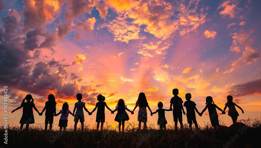 Back view of silhouette of children holding hands looking at amazing sunset sky. Children's Day concept Back view of silhouette of children holding hands looking at amazing sunset sky. Children's Day concept