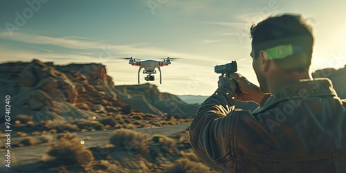 Man shooting at drone - quadcopter surveillance concept  photo