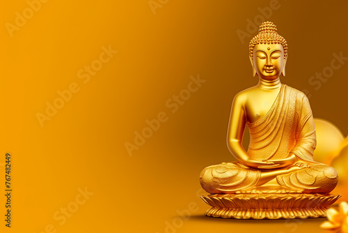 A gold statue of a Buddha is sitting on a table.