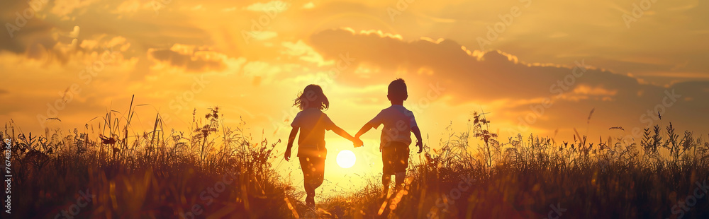 Golden sunset with two children walking hand in hand towards the sun