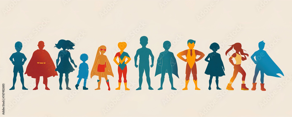Superheroes children for World Children's Day concept. Colorful silhouettes over plain white background