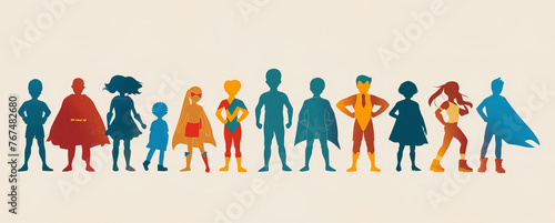 Superheroes children for World Children's Day concept. Colorful silhouettes over plain white background © LorenaPh