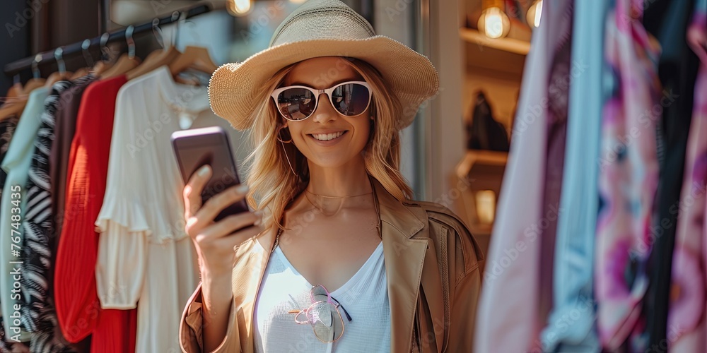 A young woman wearing trendy clothes shopping in a retail store while using her smartphone