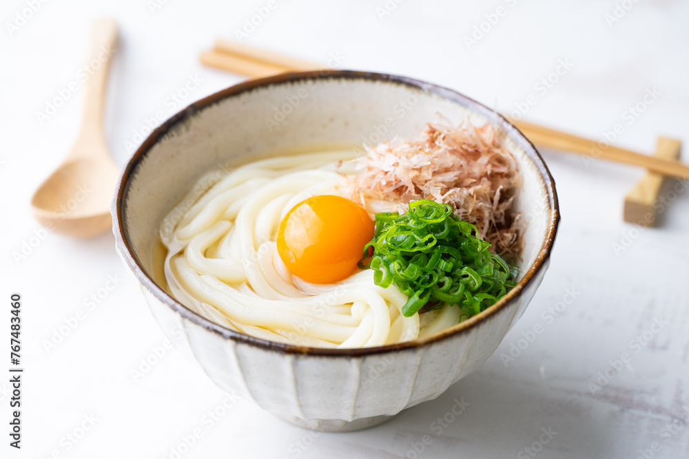 udon noodle with green onion, bonito powder and egg yolk udon noodle with green onion, bonito powder and egg yolk