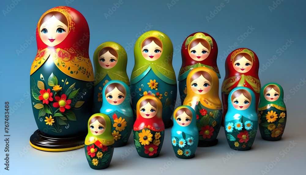 A set of Russian matryoshka dolls in different sizes and colors