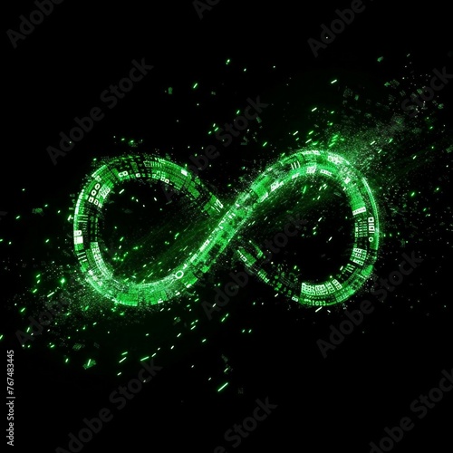 green infinity symbol made of glowing binary code particles, on black background. 