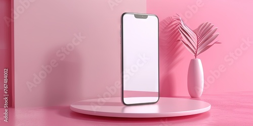 Pink smartphone with b lank screen on pink background