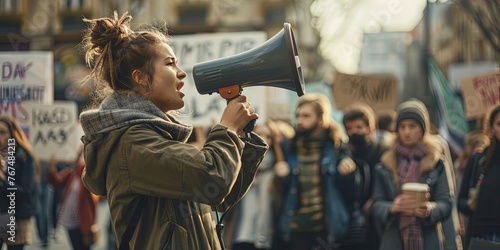 Woman with a megaphone during protest - activism and feminism social justice concept photo