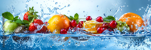 fresh multi fruits and vegetables splashing into blue clear water splash healthy food diet freshness concept. generative ai 