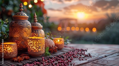 Banner with Ramadan festive decor. Copy paste place. AI generated