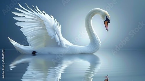  a white swan floating on top of a body of water next to a small bird with it s wings spread.