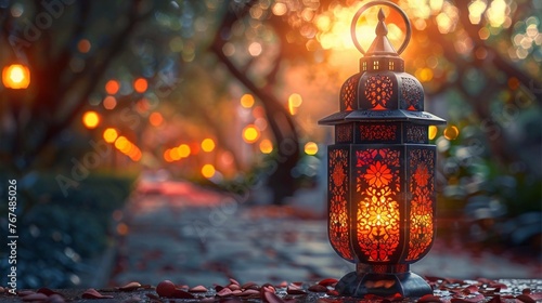 Lantern on park background, islamic congratulation card. Aid, Ramadan, Curban celebration banner with place fot text. AI generated photo