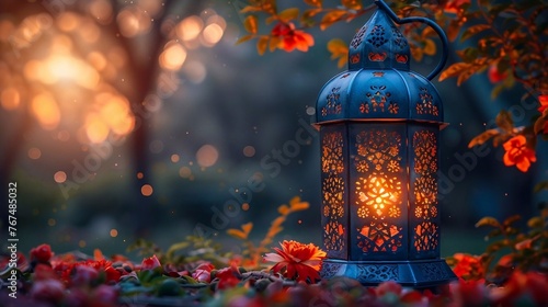 Lantern on park background, islamic congratulation card. Aid, Ramadan, Curban celebration banner with place fot text. AI generated photo