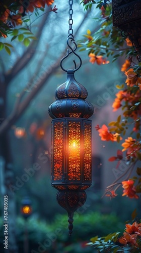 Lantern on park background, islamic congratulation card. Aid, Ramadan, Curban celebration banner with place fot text. AI generated
