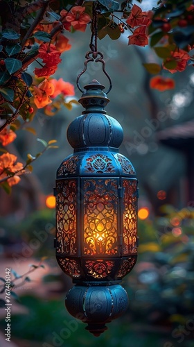 Lantern on park background, islamic congratulation card. Aid, Ramadan, Curban celebration banner with place fot text. AI generated photo