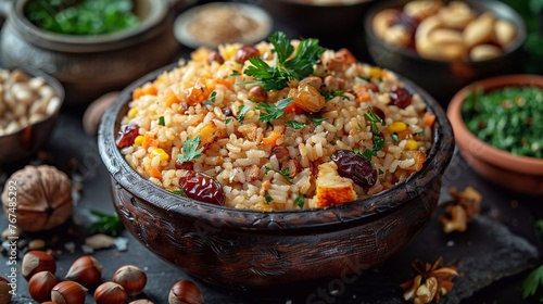 Traditional Rice pilaf with chickpeas on wooden table. Food for Ramadan, Raya Hari, Eid al-Adha and Mawlid. AI generated