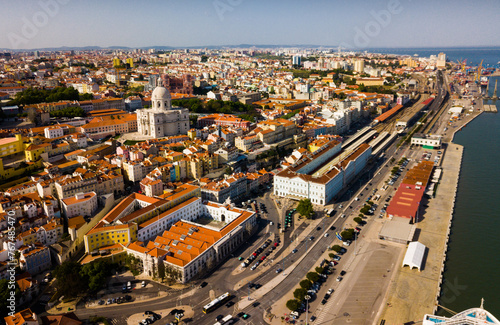 Aerial view of oldest district Alfama overlooking National Pantheon and Monastery of Sao Vicente de Fora, Lisbon, Portugal