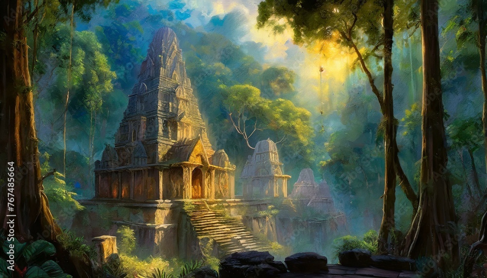 An ancient city hidden in a lush rainforest, with intricate temples and towering trees - obrazy, fototapety, plakaty 