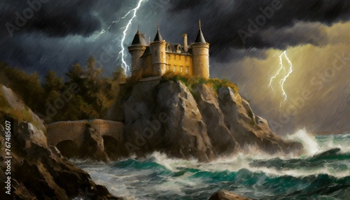 A majestic castle on a cliff overlooking a stormy sea, with waves crashing against the rock photo