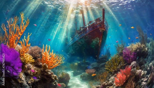 An underwater scene showcasing a vibrant coral reef teeming with colorful marine life. 
