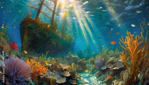 An underwater scene showcasing a vibrant coral reef teeming with colorful marine life. 