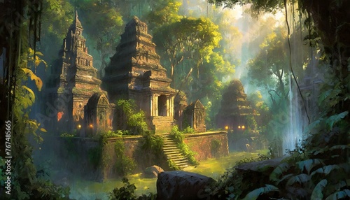 An ancient city hidden in a lush rainforest, with intricate temples and towering trees