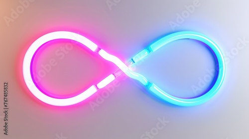 Neon pink and blue infinity symbol on grey background. AI Generated