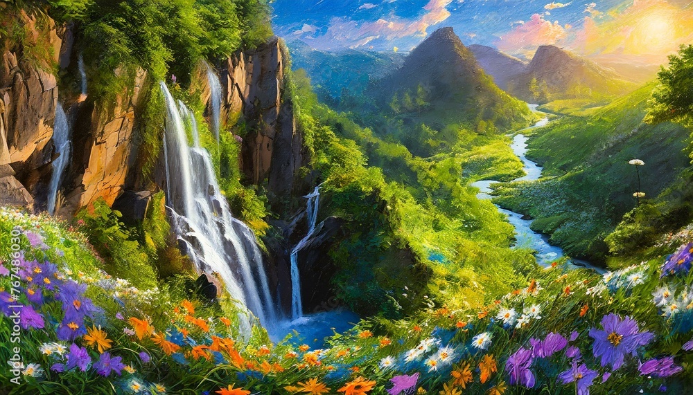 A majestic waterfall cascading down a lush green mountainside, surrounded by vibrant  - obrazy, fototapety, plakaty 