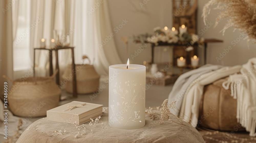  a white candle sitting on top of a table next to a box and a box with a bow on it.