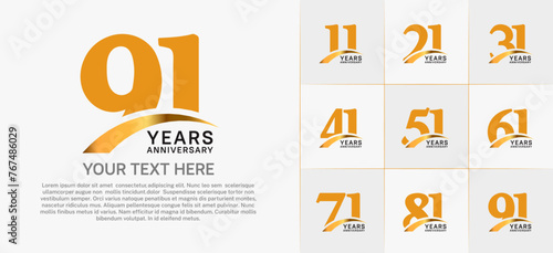 Set of Anniversary Logotype with gold swoosh, orange color can be use for special day celebration