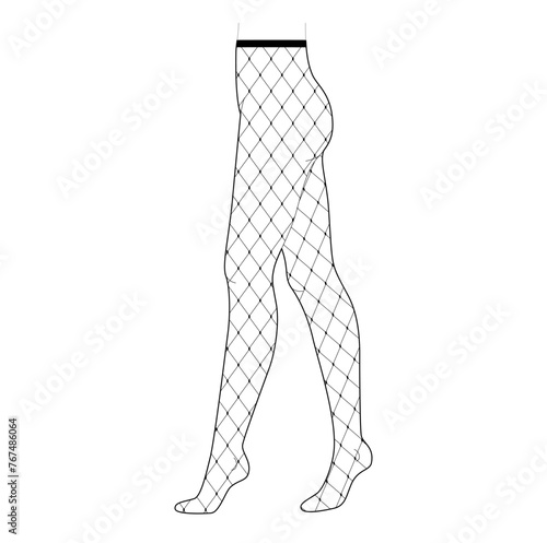 Fishnet Tights Pantyhose on legs, huge mesh size, high rise. Fashion accessory clothing technical illustration stocking. Vector side view for Men, women, unisex style, flat template CAD mockup sketch