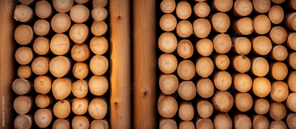 A closeup of a pattern of wooden logs stacked, resembling ingredients for a rustic dish in a woodfired cuisine recipe for baked goods, adding sweetness to the food A closeup of a pattern of wooden logs stacked, resembling ingredients for a rustic dish in a woodfired cuisine recipe for baked goods, adding sweetness to the food